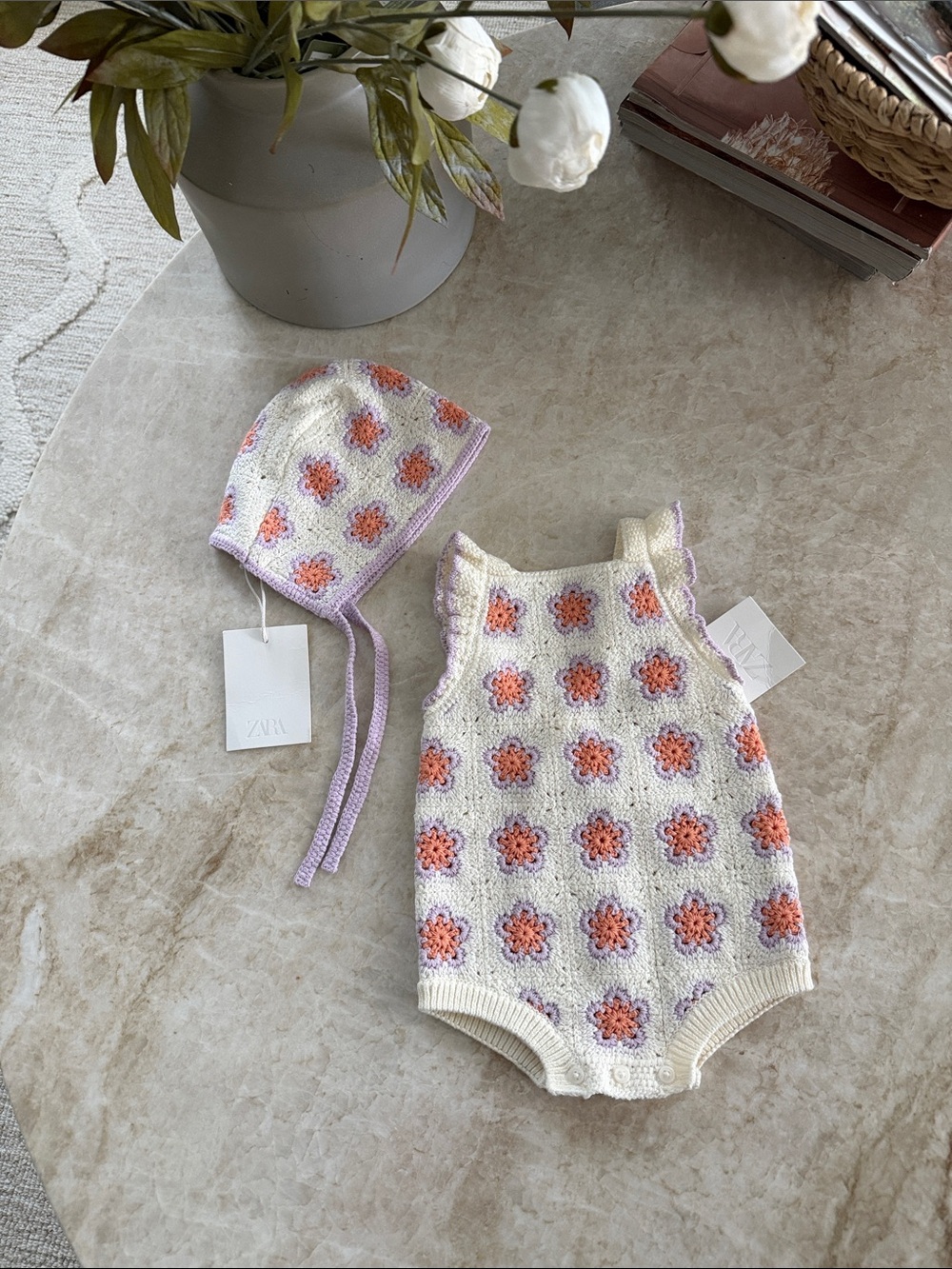 ZARA Cream Crocheted Floral Baby One-Piece with Matching Hat